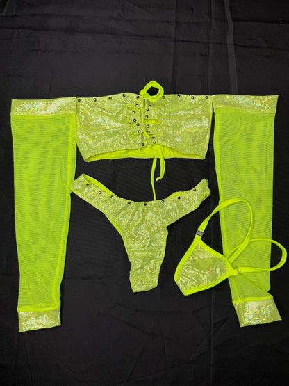 Lime Green Spandex/Mesh Tube Top/Cheeky Thong Two-Piece Lingerie Outfit