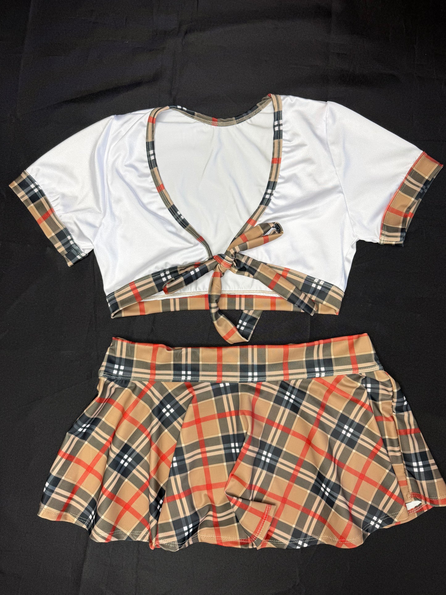 Plaid/White Spandex Short Sleeve/Skirt School Girl Outfit