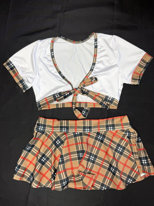 Plaid/White Spandex Short Sleeve/Skirt School Girl Outfit