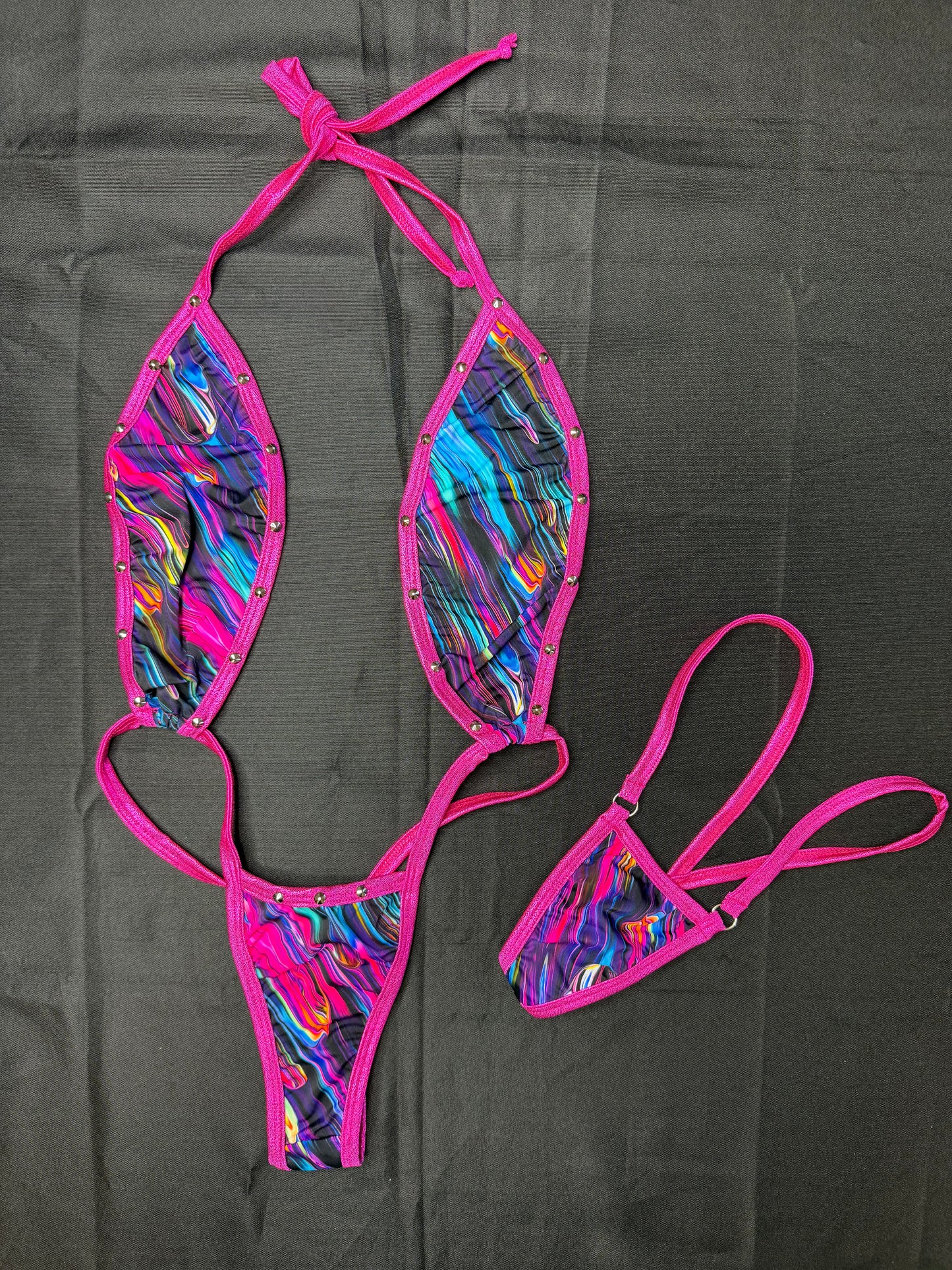 Neon Swirl/Hot Pink Spandex Slingshot Lingerie Outfit