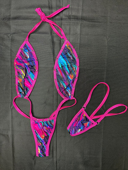 Neon Swirl/Hot Pink Spandex Slingshot Lingerie Outfit
