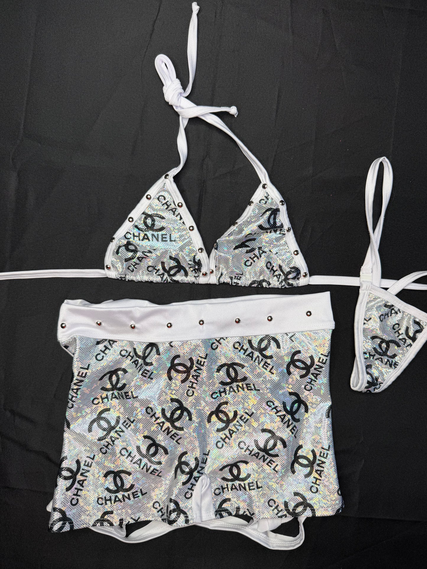 Silver/White Spandex Two-Piece Shorts Lingerie Outfit