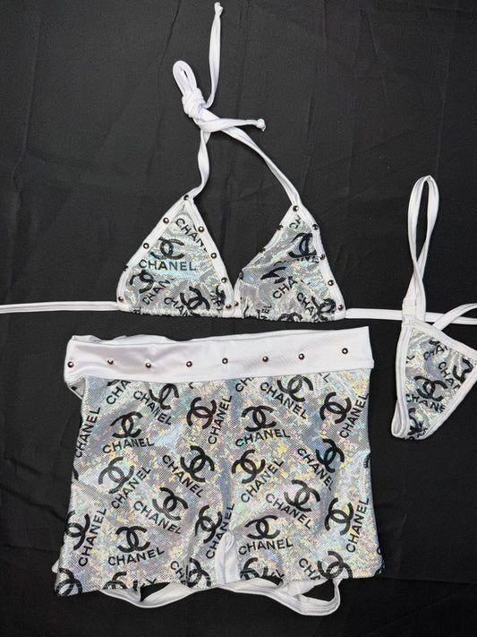 Silver/White Spandex Two-Piece Shorts Lingerie Outfit