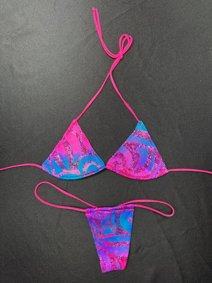 Pink/Blue Ombré Print Spandex Two-Piece Micro Bikini Lingerie Outfit