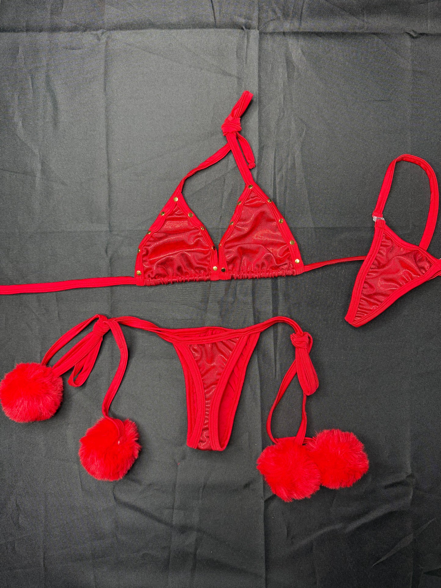 Red Metallic Spandex/Red Fur Two-Piece Bikini Lingerie Outfit