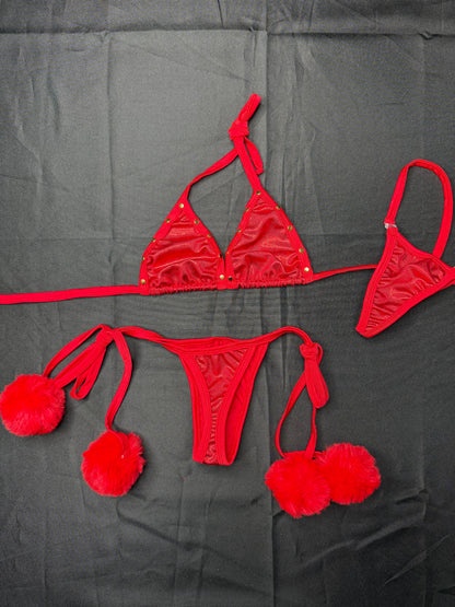Red Metallic Spandex/Red Fur Two-Piece Bikini Lingerie Outfit