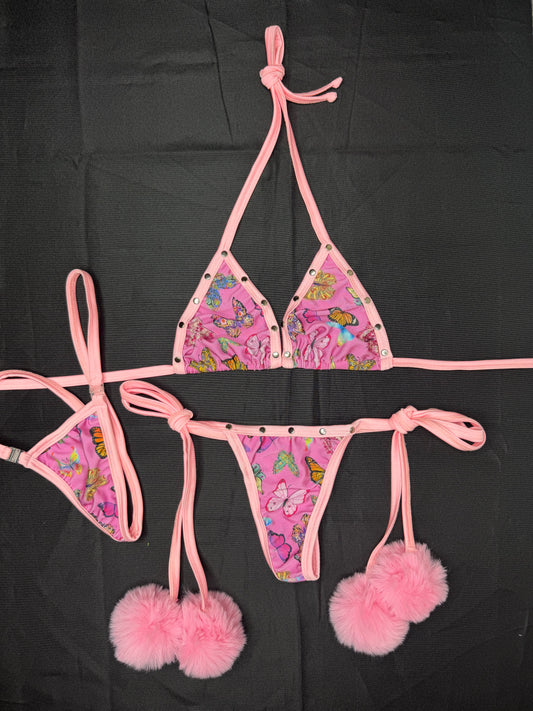 Baby Pink Butterfly Spandex Two-Piece Bikini Lingerie Outfit