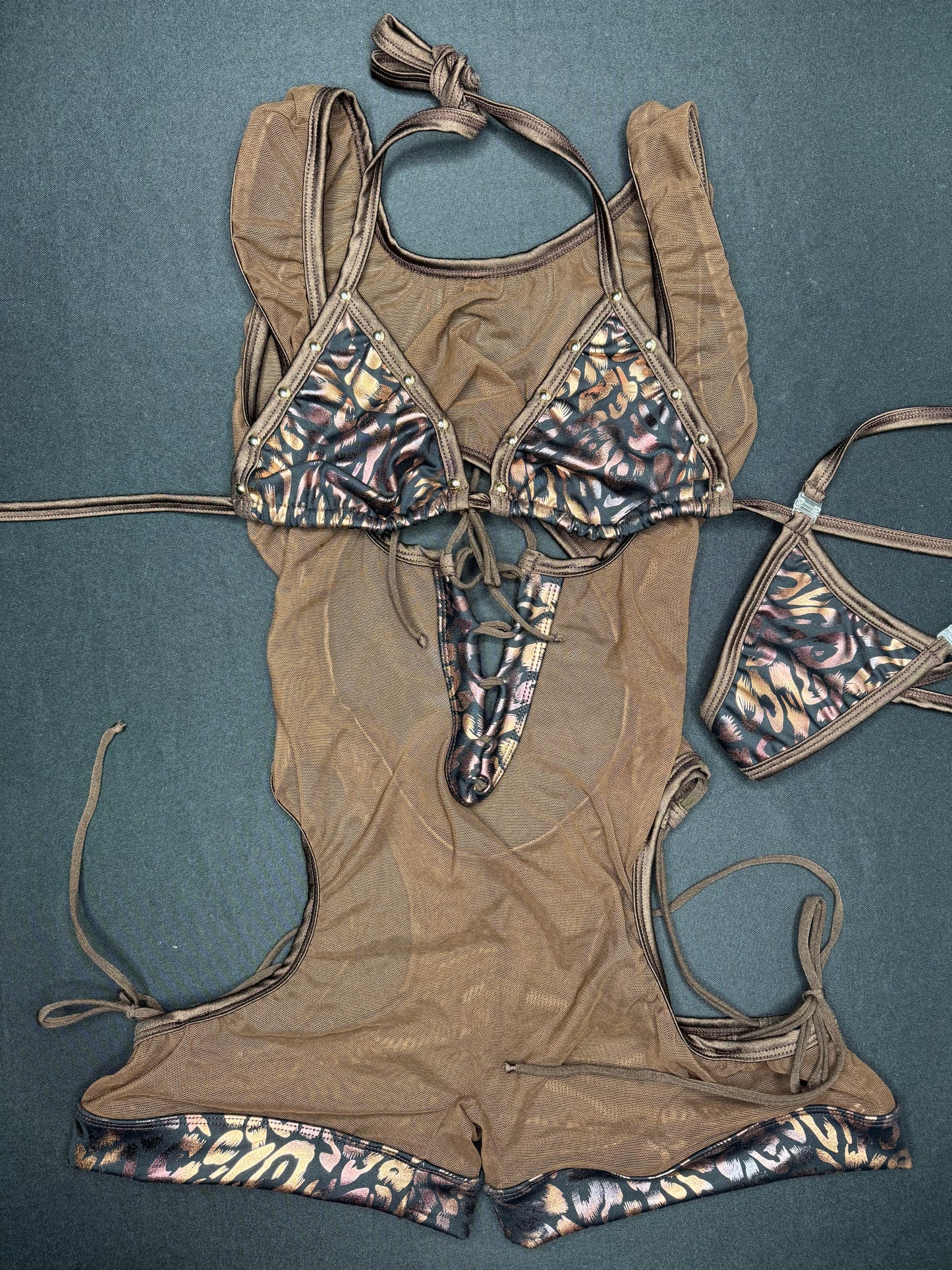 Chocolate Mesh/Cheetah Animal Print One-Piece Sleeveless Romper/Bikini Top Lingerie Outfit