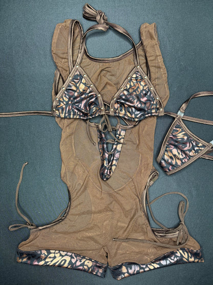 Chocolate Mesh/Cheetah Animal Print One-Piece Sleeveless Romper/Bikini Top Lingerie Outfit