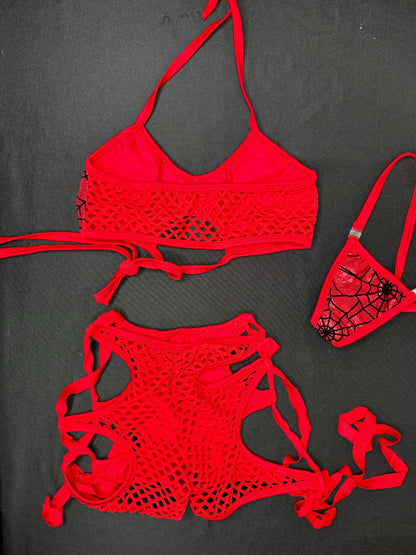 Red Web/Red Fishnet Sports Bra/Shorts Two-Piece Lingerie Outfit