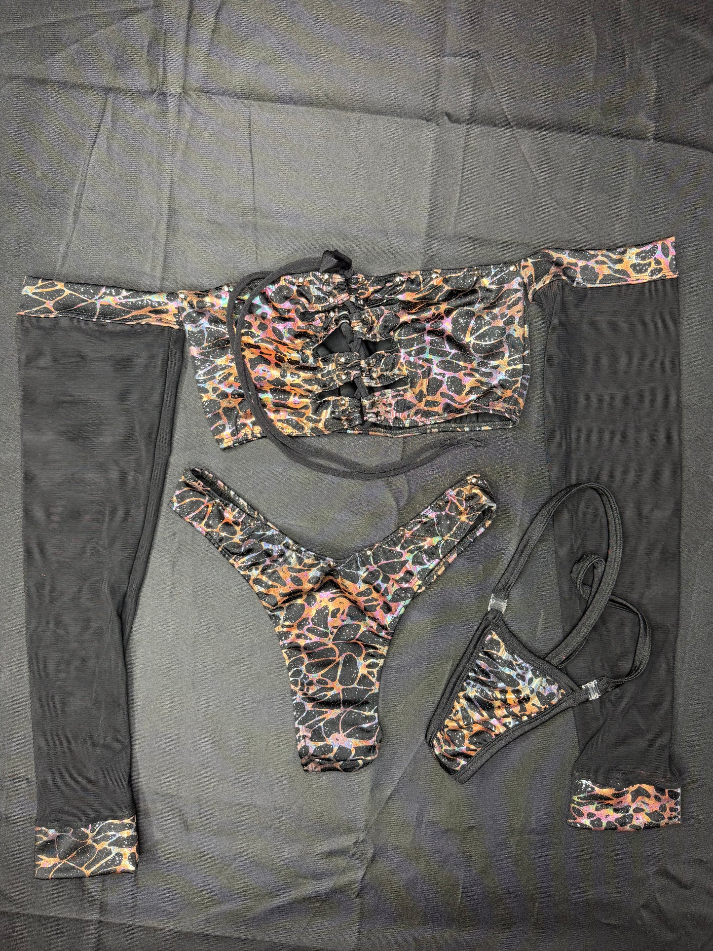 Black Mesh/Silver Spandex Cheeky Thong/Long Sleeve Tube-Top Two-Piece Outfit