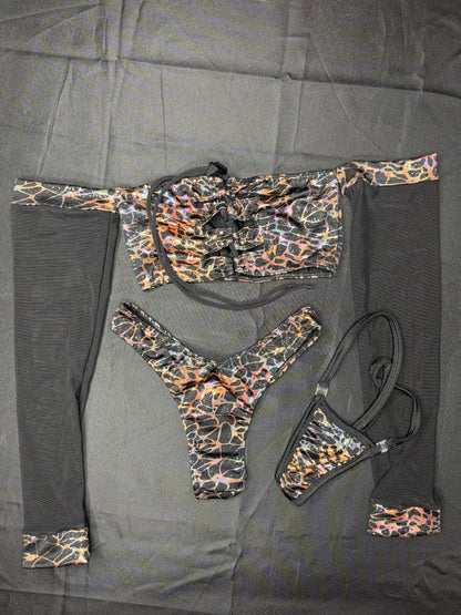 Black Mesh/Silver Spandex Cheeky Thong/Long Sleeve Tube-Top Two-Piece Outfit