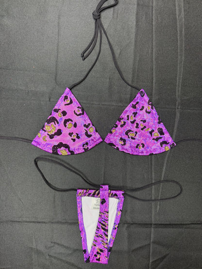 Purple Animal Print Spandex Micro Bikini Lingerie Outfit
