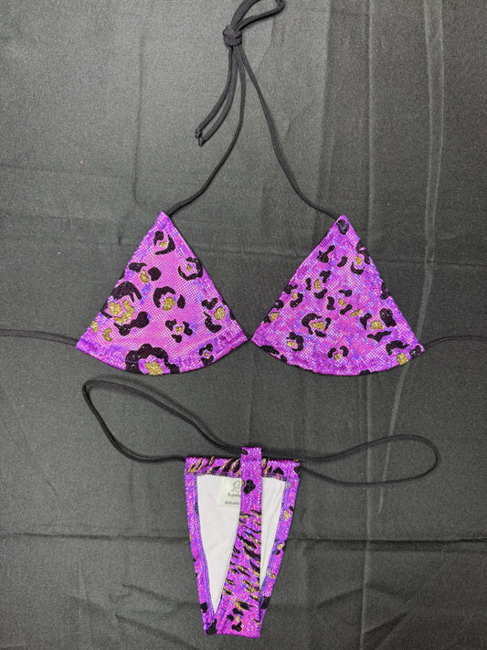 Purple Animal Print Spandex Micro Bikini Lingerie Outfit
