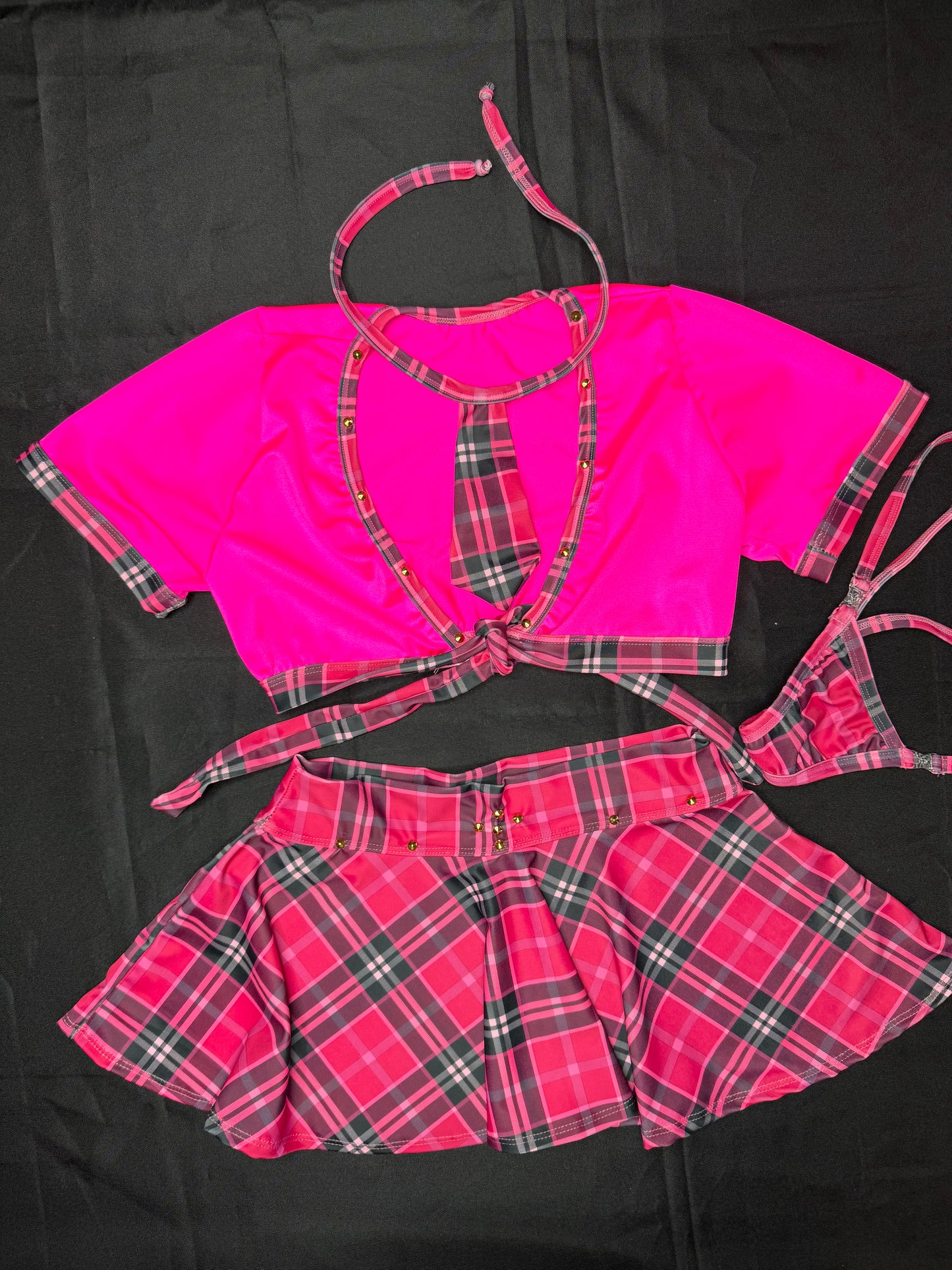 Hot Pink Plaid Spandex Short Sleeve Skirt with Tie Lingerie Outfit