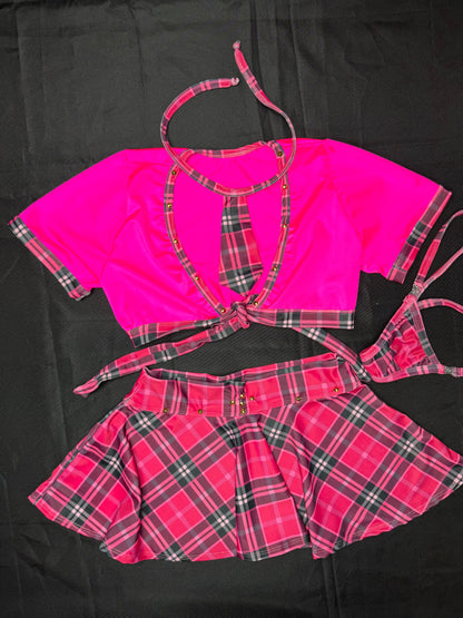 Hot Pink Plaid Spandex Short Sleeve Skirt with Tie Lingerie Outfit