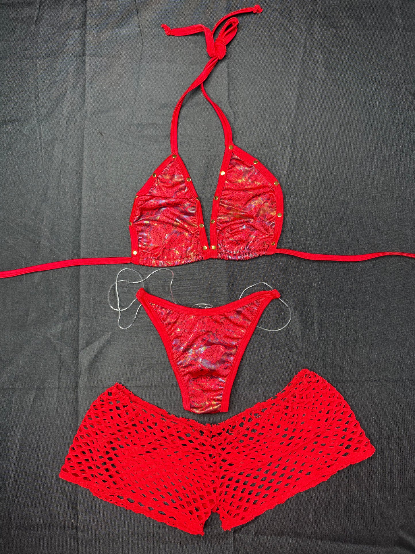 Red Snake Skin Animal Print Spandex Three-Piece Lingerie Outfit