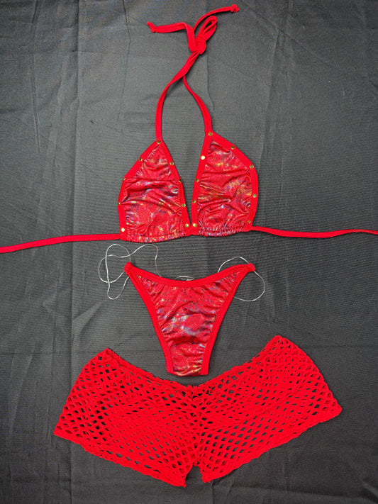 Red Snake Skin Animal Print Spandex Three-Piece Lingerie Outfit
