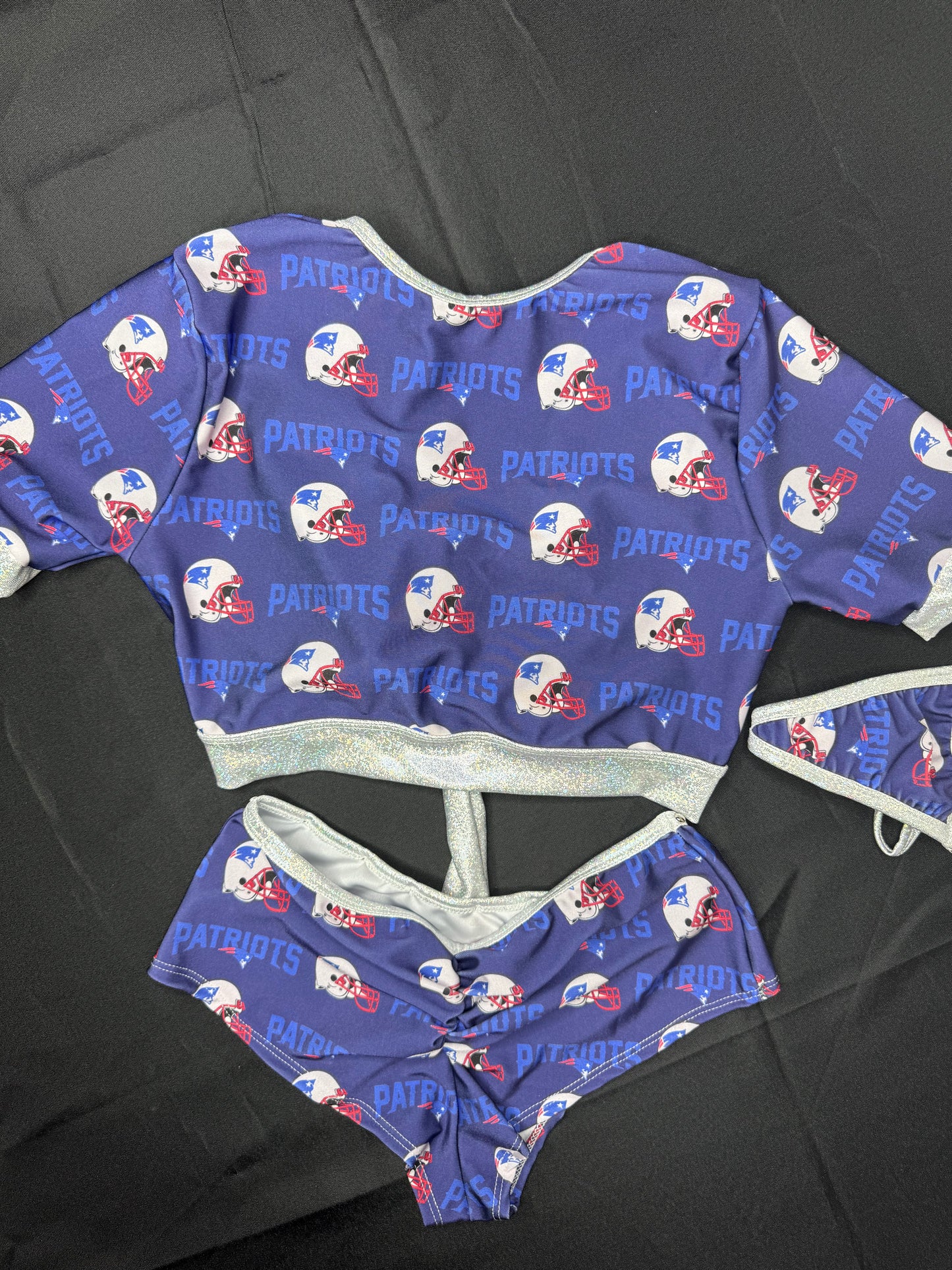 Patriots Print/Silver Spandex Short Sleeve Top/Shorts Two-Piece Lingerie Outfit