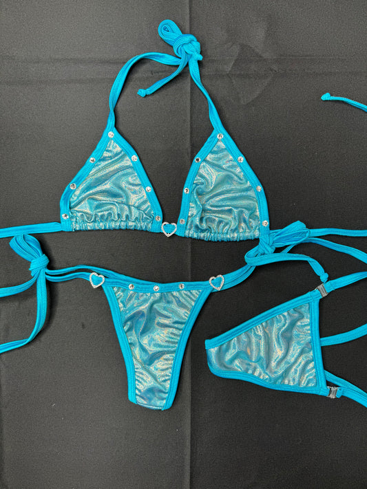 Turquoise/Metallic Blue Two-Piece Bikini Lingerie Outfit
