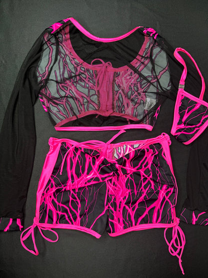 Hot Pink Thunder Spandex/Black Mesh Two-Piece Lingerie Outfit
