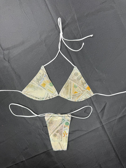 Money Print Spandex Micro Bikini Lingerie Outfit
