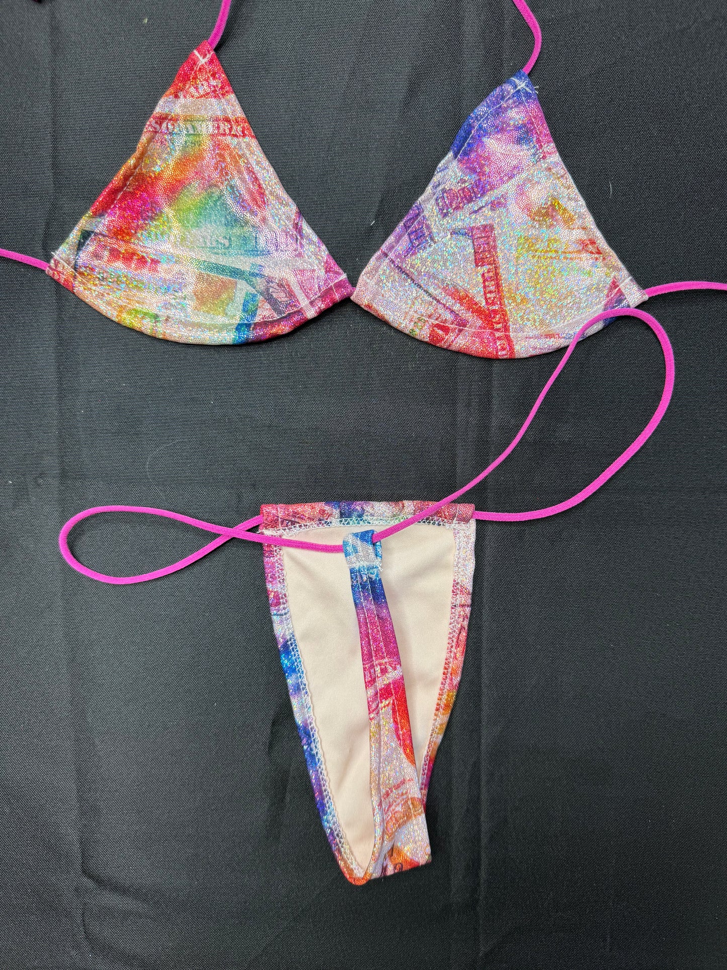 Holographic Money Print Spandex Micro Bikini Lingerie Outfit