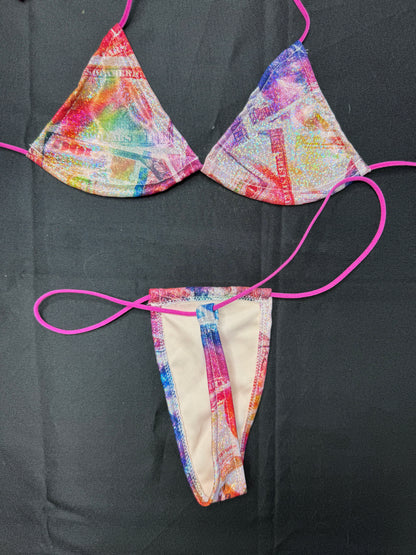 Holographic Money Print Spandex Micro Bikini Lingerie Outfit