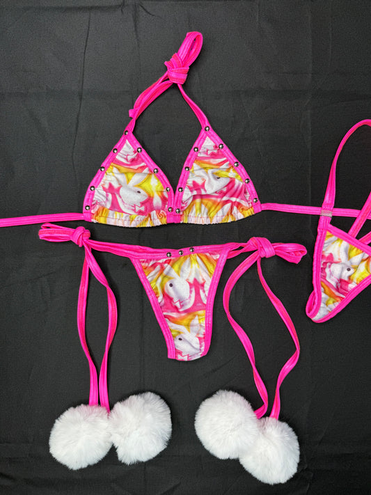 Bunny/Hot Pink Spandex Two-Piece Pom Pom Bikini Lingerie Outfit