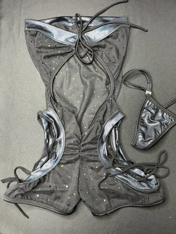 Black Mesh/Spandex One-Piece Romper Lingerie Outfit