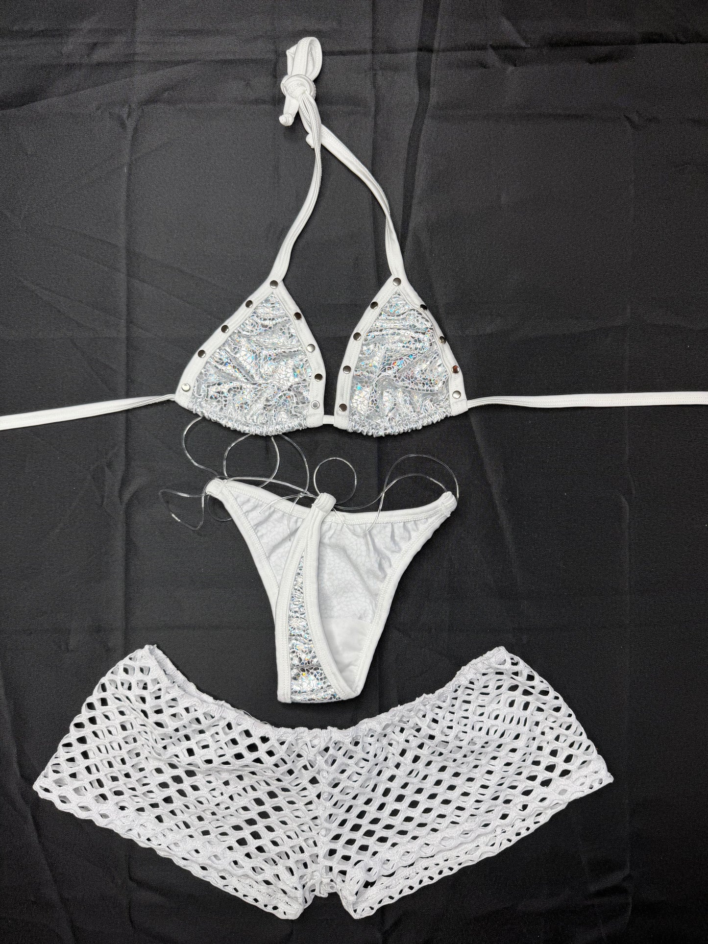 Silver/White Spandex Bikini/Shorts Three-Piece Lingerie Outfit