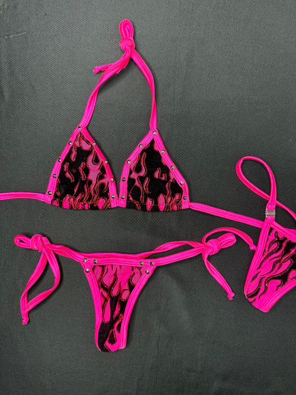 Pink Flame Mesh Two-Piece Side Tie Bikini Lingerie Outfit