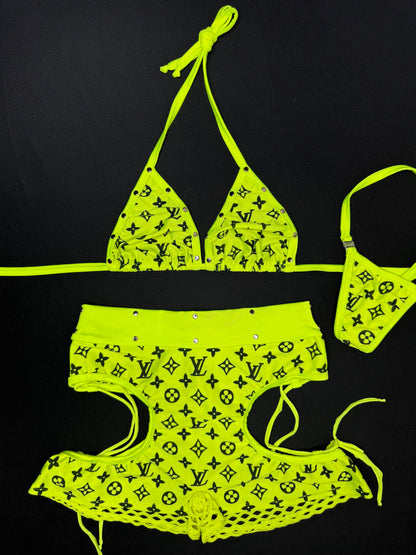 Neon Yellow Designer Bikini Top/Shorts Two-Piece Lingerie Outfit