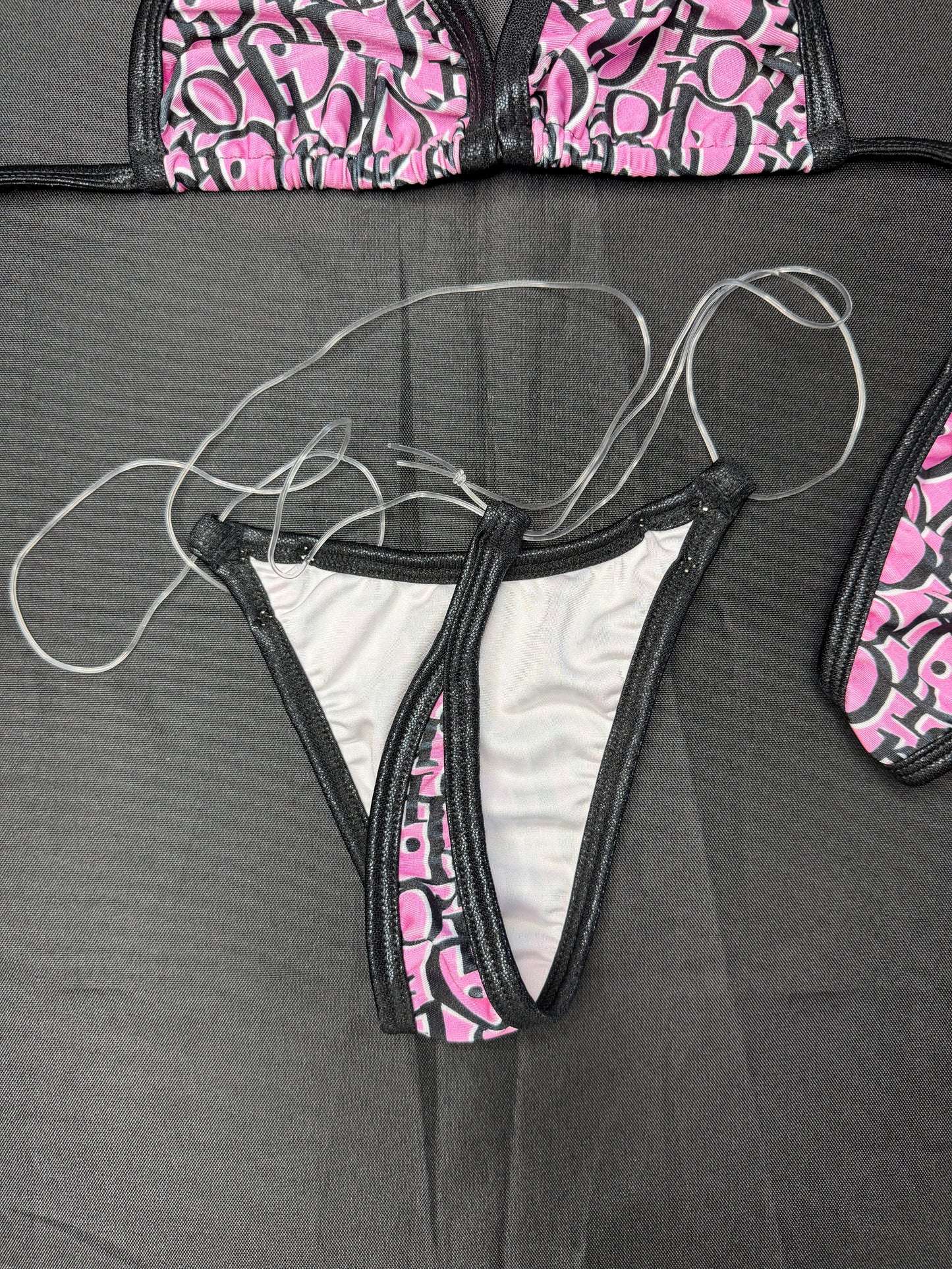 Designer Baby Pink/Metallic Black Spandex Two-Piece Bikini Lingerie Outfit