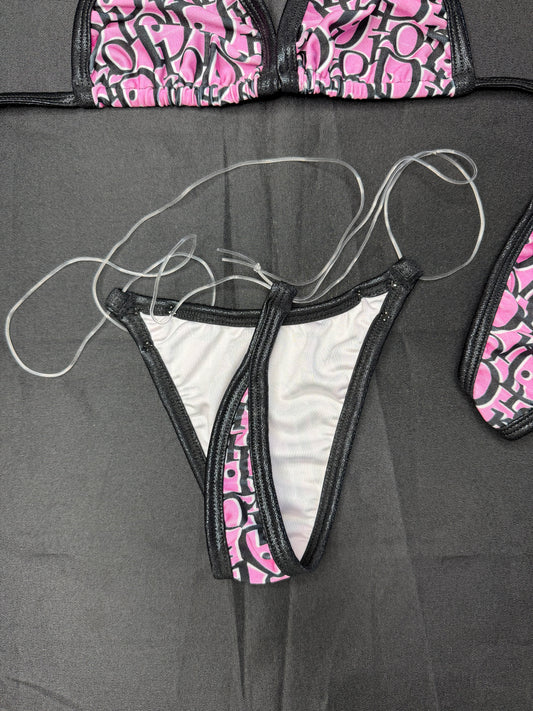 Designer Baby Pink/Metallic Black Spandex Two-Piece Bikini Lingerie Outfit