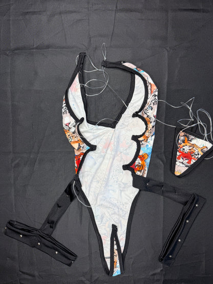 Tiger Animal Print/Black Spandex One-Piece Lingerie Outfit