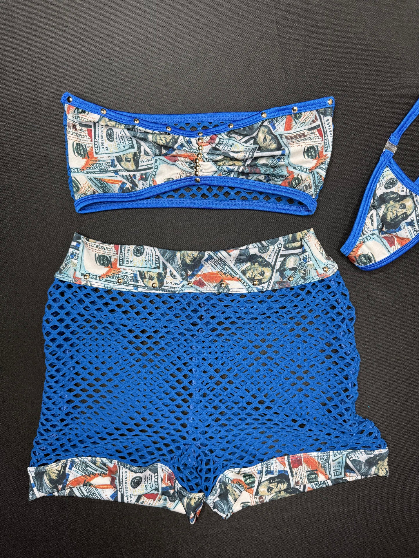 Money Print Blue Fishnet Tube Top/Fishnet Shorts Lingerie Outfit
