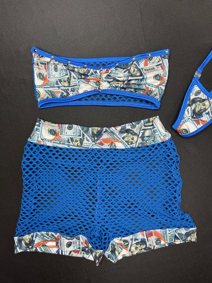 Money Print Blue Fishnet Tube Top/Fishnet Shorts Lingerie Outfit