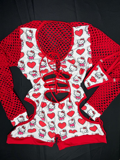 Heart Kitty Print/Red Fishnet Spandex One-Piece Romper Lingerie Outfit