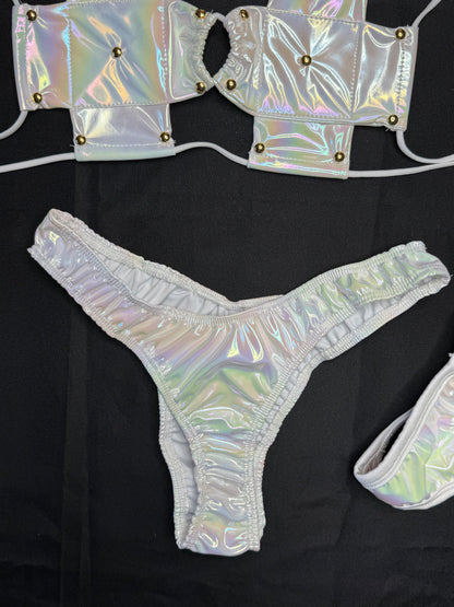 Chrome Vinyl Cross Bikini Cheeky Thong Two-Piece Lingerie Outfit
