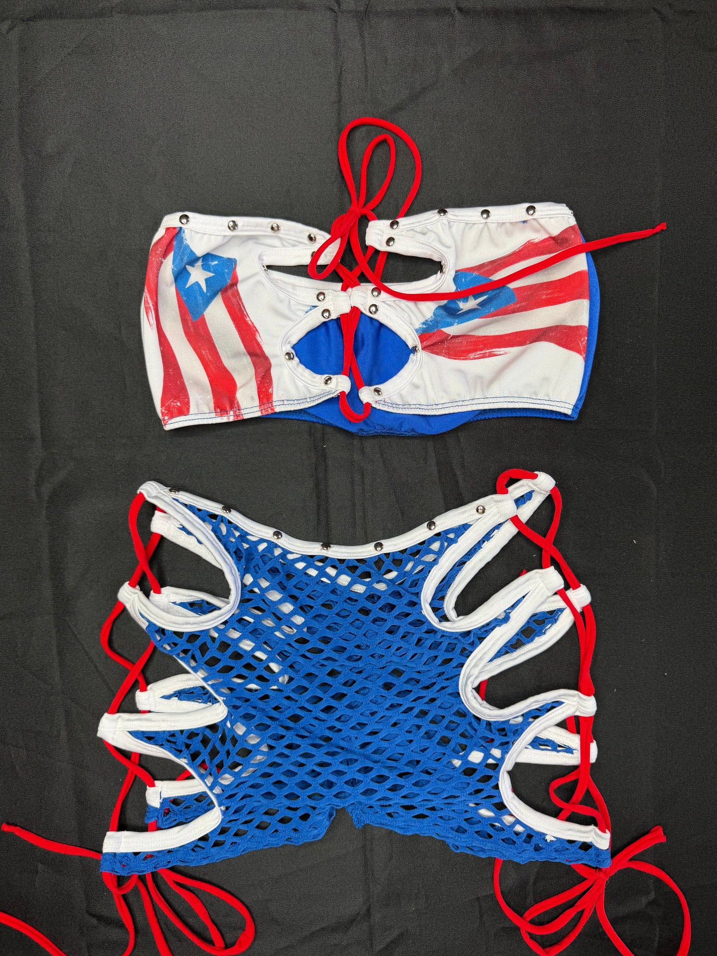 Puerto Rican Flag/Blue/Red Spandex Three-Piece Lingerie Outfit