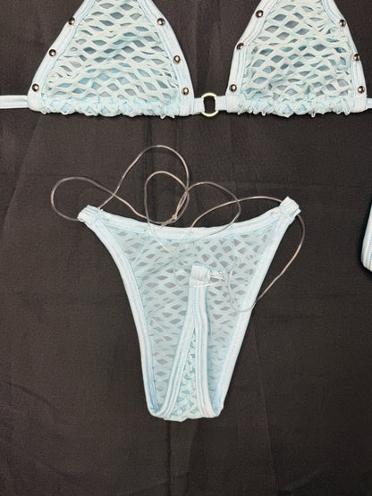 Baby Blue Fishnet Spandex Two-Piece Bikini Lingerie Outfit