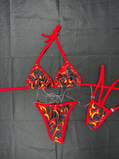 Red/Black Flame Spandex Two-Piece Bikini Lingerie Outfit