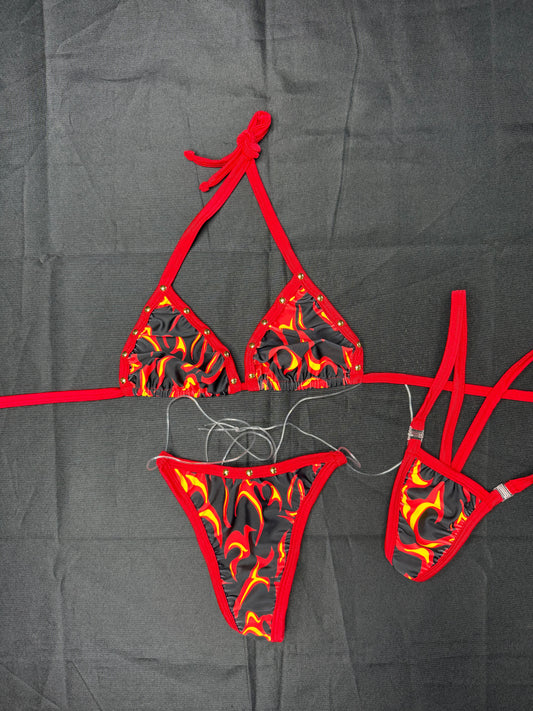 Red/Black Flame Spandex Two-Piece Bikini Lingerie Outfit