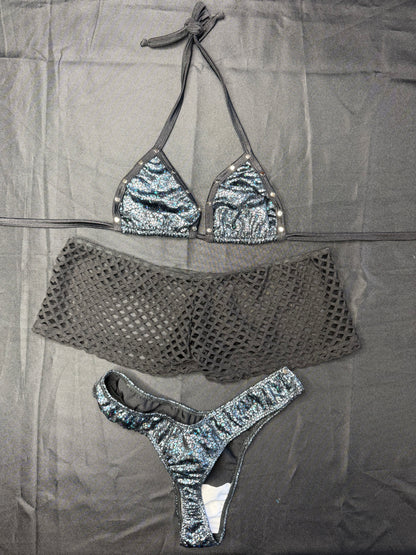 Black Spandex Fishnet Three-Piece Cheeky Thong/Shorts Lingerie Outfit