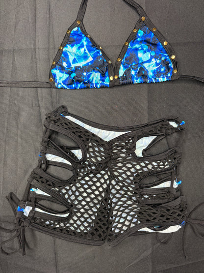 Blue/Black Spandex Two-Piece Shorts Lingerie Outfit