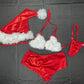 Red Metallic Spandex/White Fur Three-Piece Shorts/Bikini Top with Hat