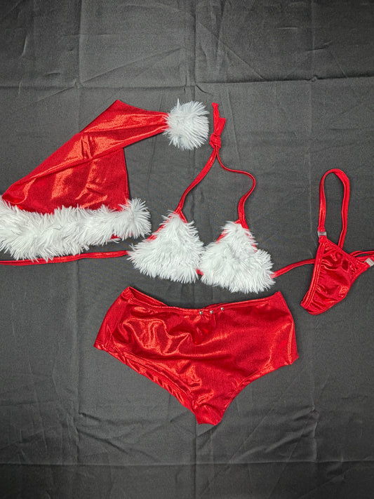 Red Metallic Spandex/White Fur Three-Piece Shorts/Bikini Top with Hat