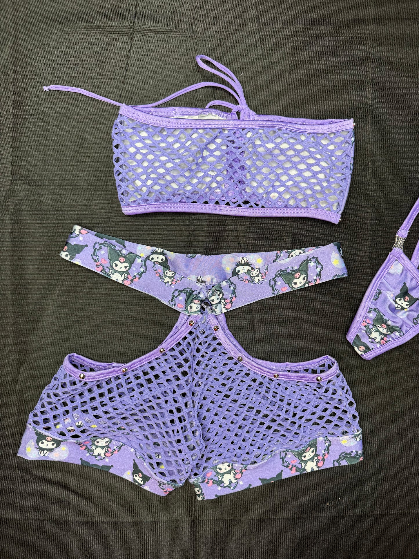 Kuromi Spandex/Lavender Fishnet Tube-Top/Shorts Lingerie Outfit