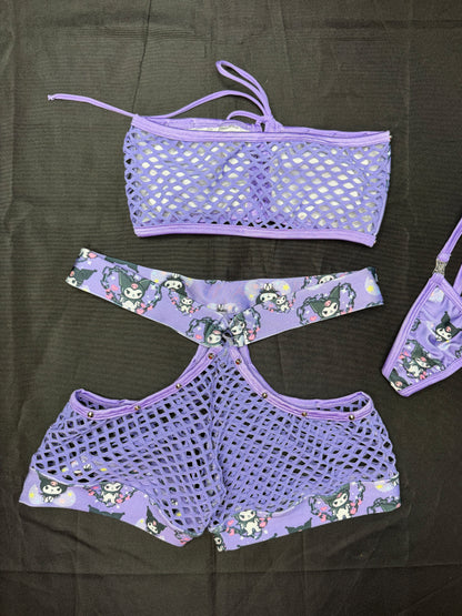 Kuromi Spandex/Lavender Fishnet Tube-Top/Shorts Lingerie Outfit